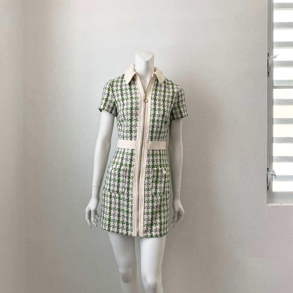 Mango Green and Cream Tweed Zip Mini Dress